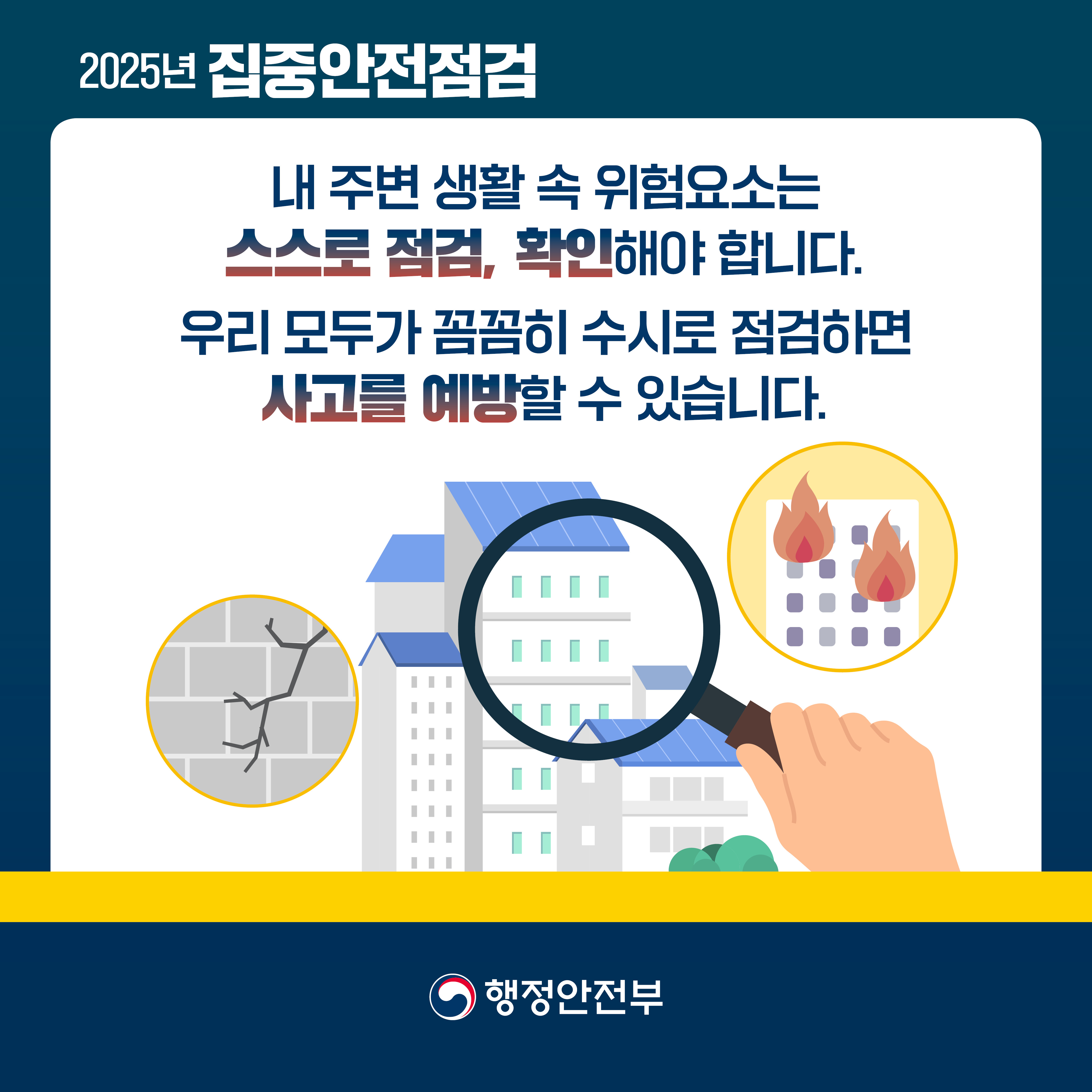 2025년 집중안전점검 내 주변 생활 속 위험요소는 스스로 점검, 확인해야 합니다. 우리 모두가 꼼꼼히 수시로 점검하면 사고를 예방할 수 있습니다. 행정안전부