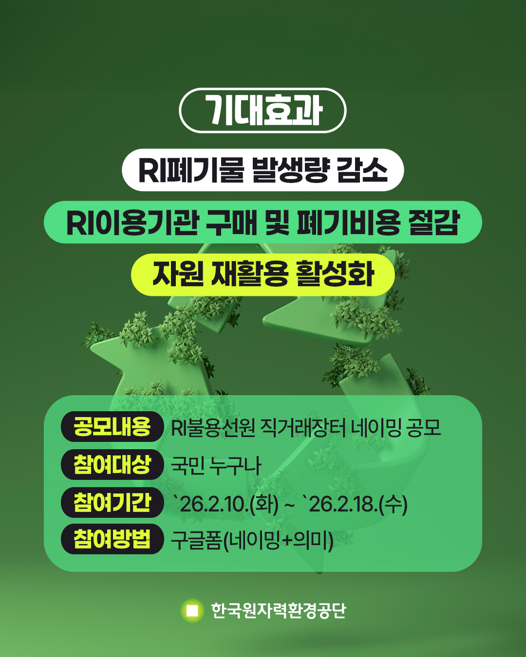 기대효과<br/>RI폐기물 발생량 감소<br/>RI이용기관 구매 및 폐기비용 절감<br/>자원 재활용 활성화<br/><br/>공모내용: RI불용선원 직거래장터 네이밍 공모<br/>참여대상: 국민 누구나<br/>참여이간: `26.2.10(화) ~ `26.2.18.(수) <br/>참여방법: 구글폼(네이밍+의미)<br/>한국원자력환경공단