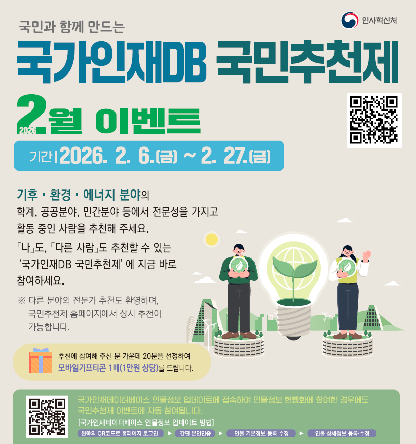 국민과 함께 만드는<br/>국가인재DB 국민추천제<br/><br/>2026 2월 이벤트<br/>기간 : 2026. 2. 6.(금) ~ 2. 27.(금)<br/><br/>기후 • 환경 • 에너지 분야의<br/>학계, 공공분야, 민간분야 등에서 전문성을 가지고<br/>활동 중인 사람을 추천해 주세요.<br/><br/>「나」도, 「다른 사람」도 추천할 수 있는<br/>'국가인재DB 국민추천제'에 지금 바로<br/>참여하세요.<br/>※ 다른 분야의 전문가 추천도 환영하며,<br/>   국민추천제 홈페이지에서 상시 추천이<br/>   가능합니다.<br/><br/>추천에 참여해 주신 분 가운데 20분을 선정하여<br/>모바일기프티콘 1매(1만원 상당)를 드립니다.<br/><br/>국가인재데이터베이스 인물정보 업데이트에 접속하여 인물정보 현행화에 참여한 경우에도<br/>국민추천제 이벤트에 자동 참여됩니다.<br/>[국가인재데이터베이스 인물정보 업데이트 방법]<br/>왼쪽의 QR코드로 홈페이지 로그인 ▶ 간편 본인인증 ▶ 인물 기본정보 등록•수정 ▶ 인물 상세정보 등록•수정