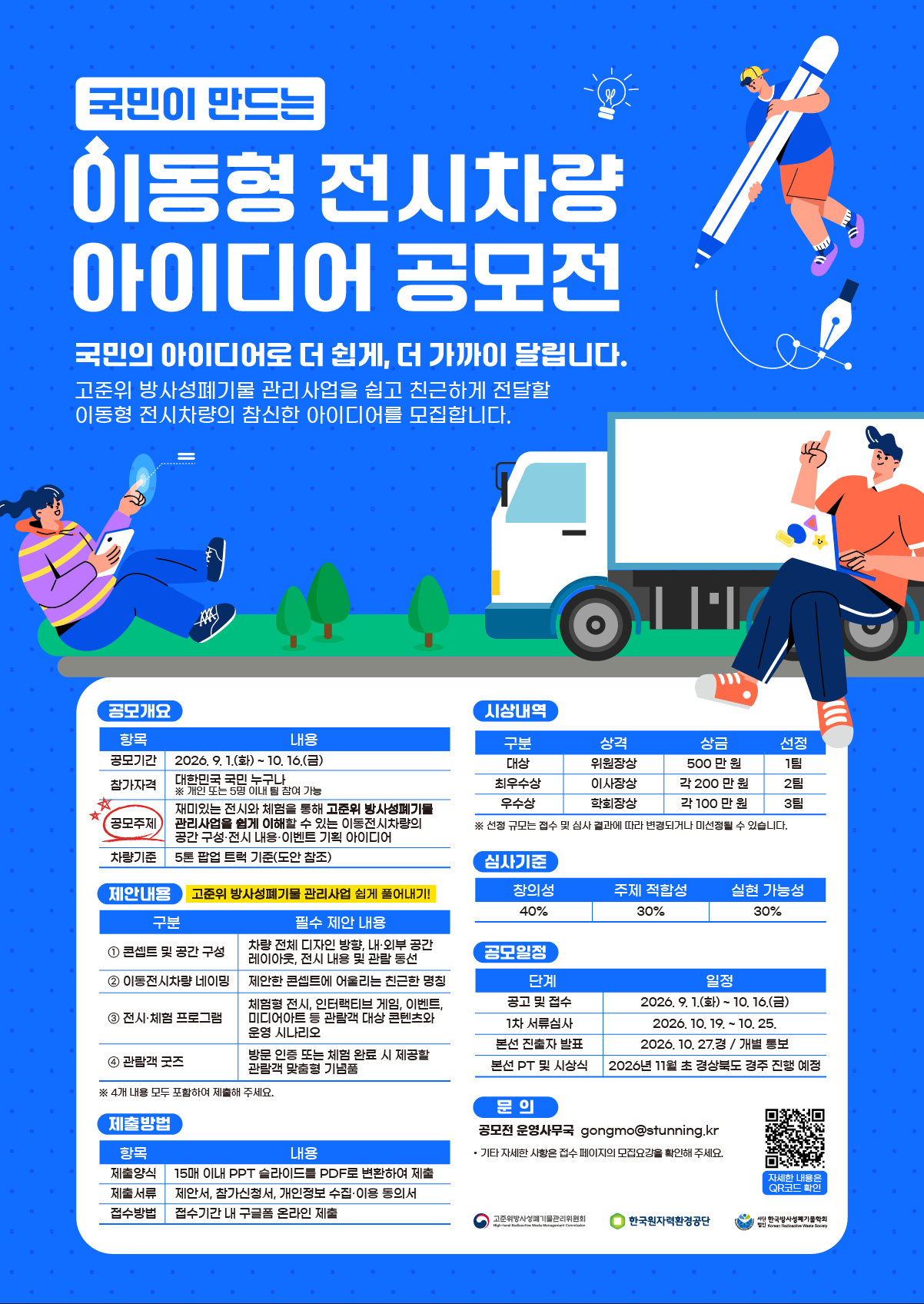 국민이 만드는 이동형 전시차량 아이디어 공모전
국민의 아이디어로 더 쉽게, 더 가까이 달립니다.
고준위방사성폐기물 관리사업을 쉽고 친근하게 전달할 이동형 전시차량의 참신한 아이디어를 모집합니다.
공모개요
항목
내용
공모기간
2026.9.1(화)부터 10.16(금)까지
참가자격
대한민국 국민 누구나
개인 또는 3명 이내 팀 참여 가능
공모주제
재미있는 전시와 체험을 통해 고준위 방사성폐기물 관리사업을 쉽게 이해할 수 잇는 이동전시차량의 공간 구성, 전시내용, 이벤트 기획 아이디어
차량기준
5톤 트럭 기준
제안내용
구문
필수 제안 내용
1 콘셉트 및 공간 구성
차량 전체 디자인 방향, 내외부 공간 레이아웃, 전시 내용 및 관람 동선
2 이동전시차량 네이밍
제안한 콘셉트에 어울리는 친근한 명칭
3 전시 체험 프로그램
체험형 전시, 인터랙티브 게임, 이벤트, 미디어아트 등 관람객 대상 콘텐츠와 운영 시나리오
4 관람객 굿즈
방문 인증 또는 체험 완료 시 제공할 관람객 맞춤형 기념품
제출방법
항목
내용
제출양식 15매 이내, PPT 슬라이드를 PDF로 변환하여 제출
제출서류 제안서, 참가신청서, 개인정보 수집 이용 동의서
접수방법 접수기간 내 구글폼 온라인 제출
시상내역
구분
상격
상금
선정
대상 위원장상 500만원 1팀
최우수상 이사장상 각 200만원 2팀
우수상 방폐학회장상 각 100만원 3팀
선정 규모는 접수 및 심사 결과에 따라 변경되거나 미선정 될 수 있습니다.
심사기준
창의성 40%
주제적합성 40%
실현 가능성 20%
공모일정
공고 및 접수 2026.9.1.부터 2026.10.16까지
1차 서류심사 2026.10.19부터 10.25
본선 진출자 발표 2026.10.27경 개별 통보
본선 PT 및 시상식 2026.11.4 예정
문의
공모전 운영사무국 gongmo@stunning.kr
타인의 지식재산권을 침해하거나 타 공모전에서 수상한 아이디어는 수상이 취소될 수 있습니다.
생성형 AI를 활용한 경우 사용 도구와 활용 방법을 제출물에 명시해야합니다.
기타 자세한 사항은 접수 페이지의 모집요강을 확인해 주세요.