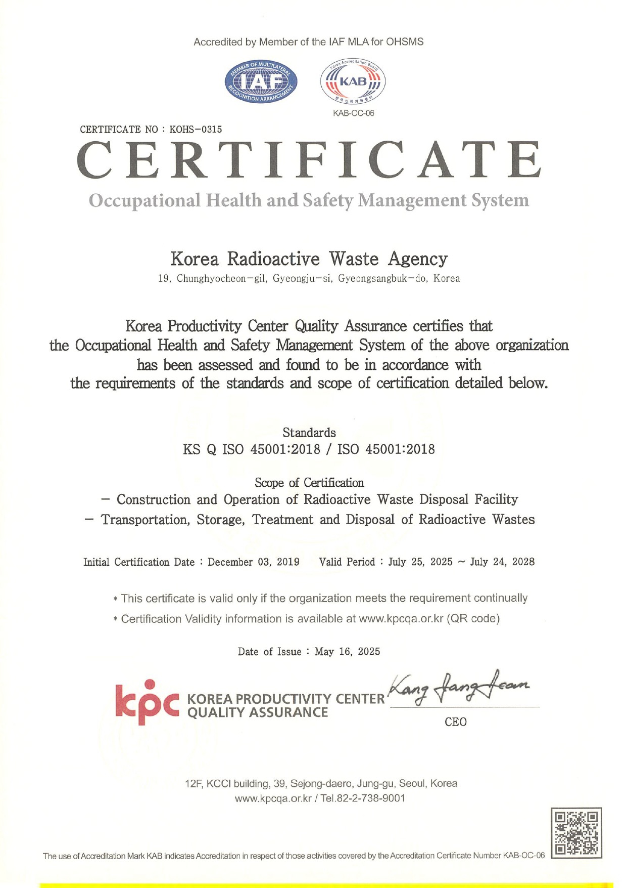 CERTIFICATE Occupational Health and Safety Management System