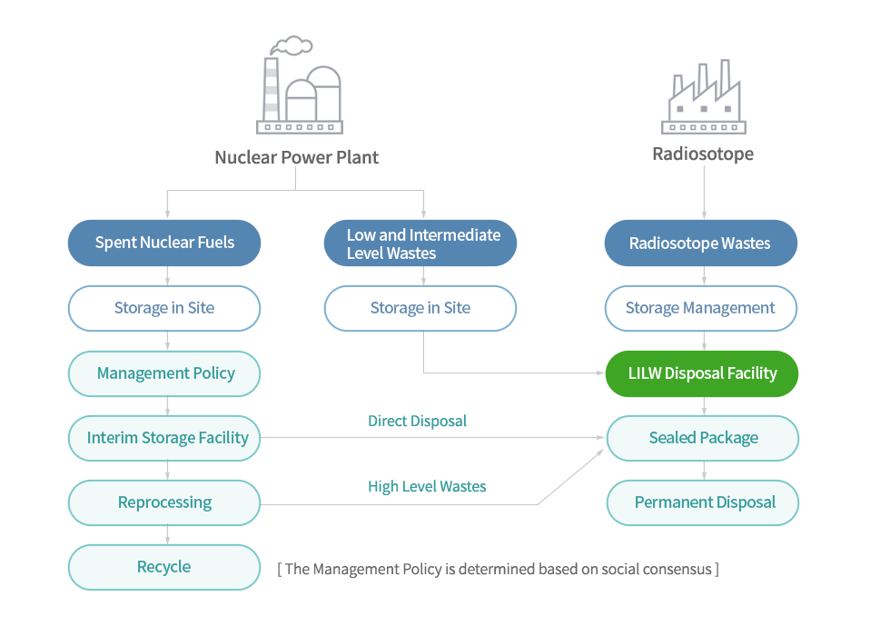 The Management Policy is determined based on social consensus. Nuclear Power Plant(Spent Nuclear Fuels-Storage in Site, Management Policy, Interim Storage Faclility, Reprocessing, Recycle/ Low and Intermediate Level Wastes-Storage in Site) Radiosotope(Radiosotope Wastes-Storage Management, LILW Disposal Facility, Sealed Package, Permament Disposal)