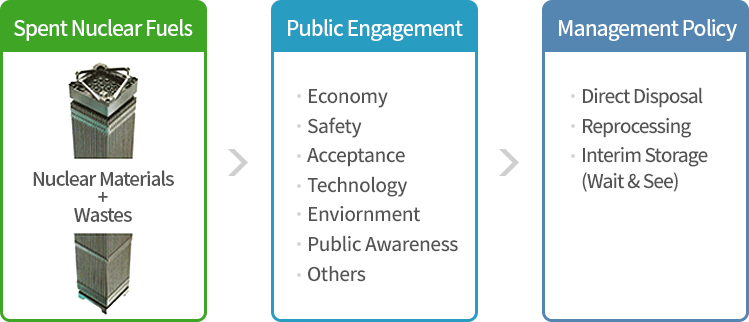 Spent Nuclear Fuels(Nuclear Materials+Wastes), Public Engagement(Economy, Safety, Acceptance, Technology, Enviornment, Public Awareness, Others), Management Policy(Direct Disposal, Reprocessing, Interim Stroage(Wait & See))