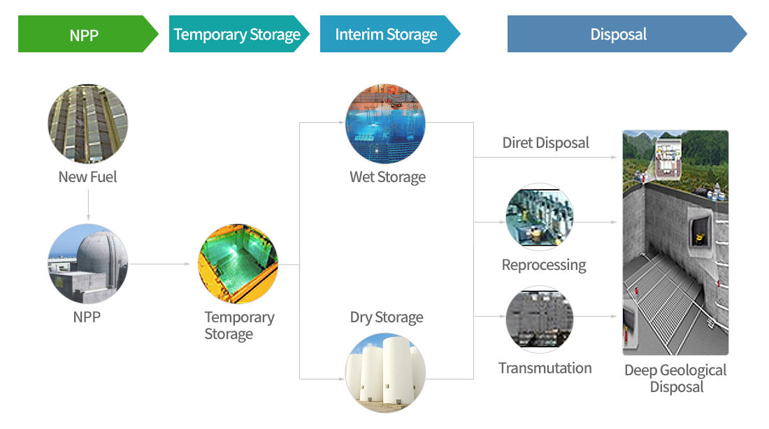NPP(New Fuel, NPP), Temporary Storage, Interim Storage(Wet Storage, Dry Storage), Disposal(Direct Disposal, Reprocessing, Transmutation, Deep Geological Disposal)