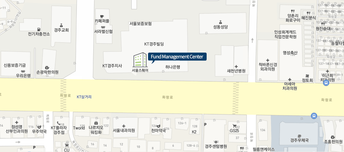 How to get Fund Management Center. KT 2F, 125, Hwarang-ro, Gyeong-si, Gyeongsangbuk-do