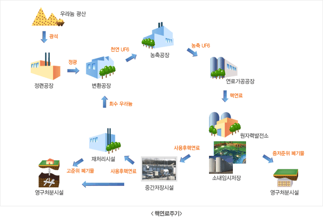 우라늄 광산에서 광석을 정련공장으로 보내 정광시킨뒤 변환공장에서 천연UF6로 변환하여 농축공장에서 농축 UF6로 농축시킨다. 연료가공공장에서 농축UF6를 핵연료로 가공하여 원자력발전소에서 인출합니다. 중저준위폐기물과 고준위폐기물은 영구처분시설로 보내고 사용후핵연료는 중간저장시설과 재처리시설을 통해 우라늄을 회수하여 다시 변환공장에서 천연UF6로 변환되어지는 과정을 반복합니다.