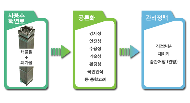핵물질은 자원, 폐기물은 폐기물이라는 인식이 되며, 핵물질은 재처리(재활용)하고 폐기물은 직접 처분하도록 방안이 마련되어있지만, 사용후핵연료 국가정책 결정을 위해서는 경제적, 사회적, 에너지안보, 기술개발추이 및 국제 정치외교여건 등 고려 필요.